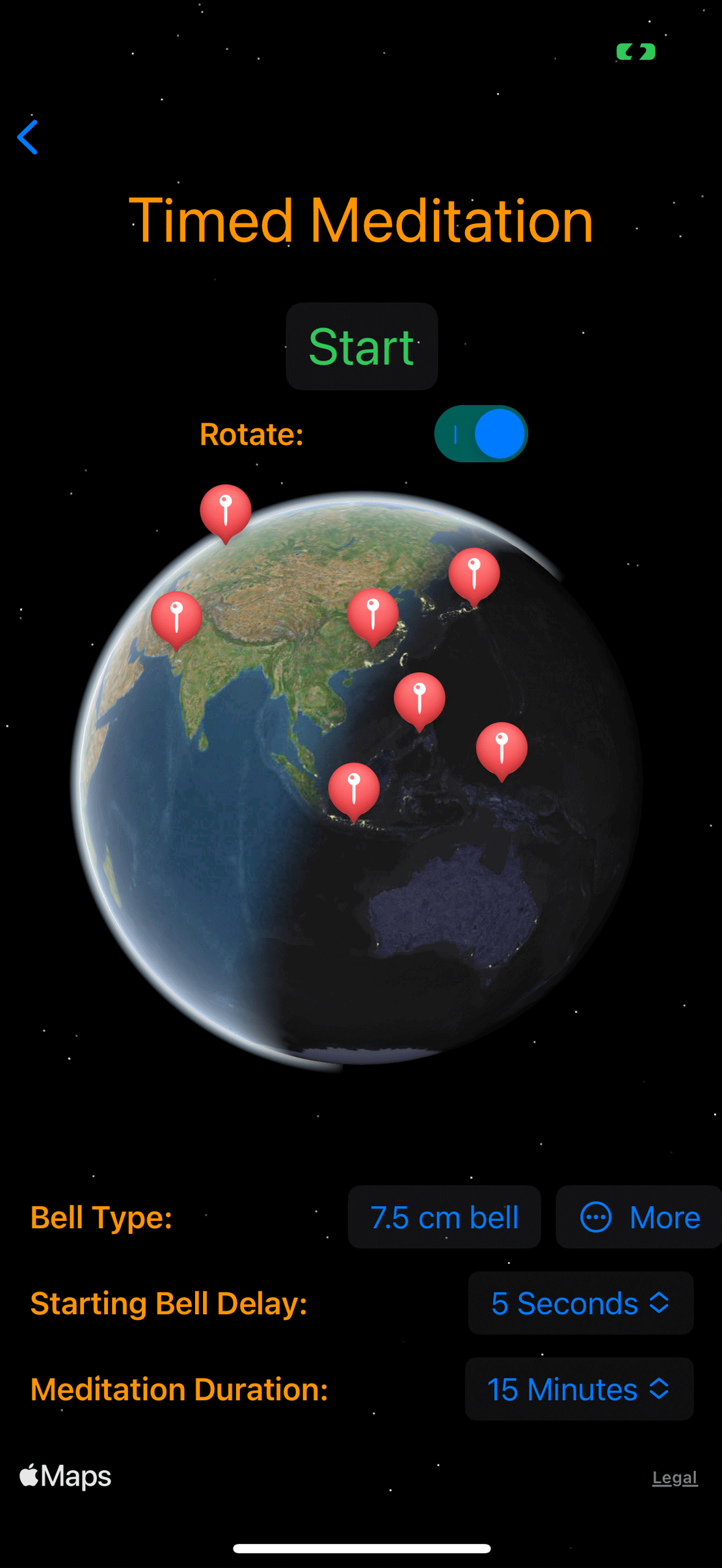 Timed Meditation Settings: Shows community of meditators around the globe.