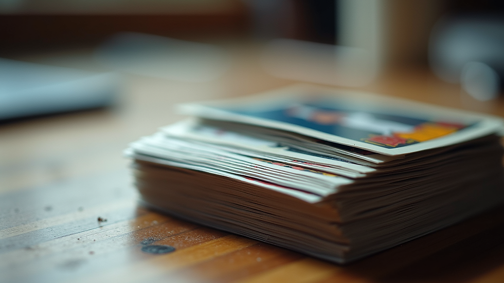 Close-up view of a stack of original football trading cards
