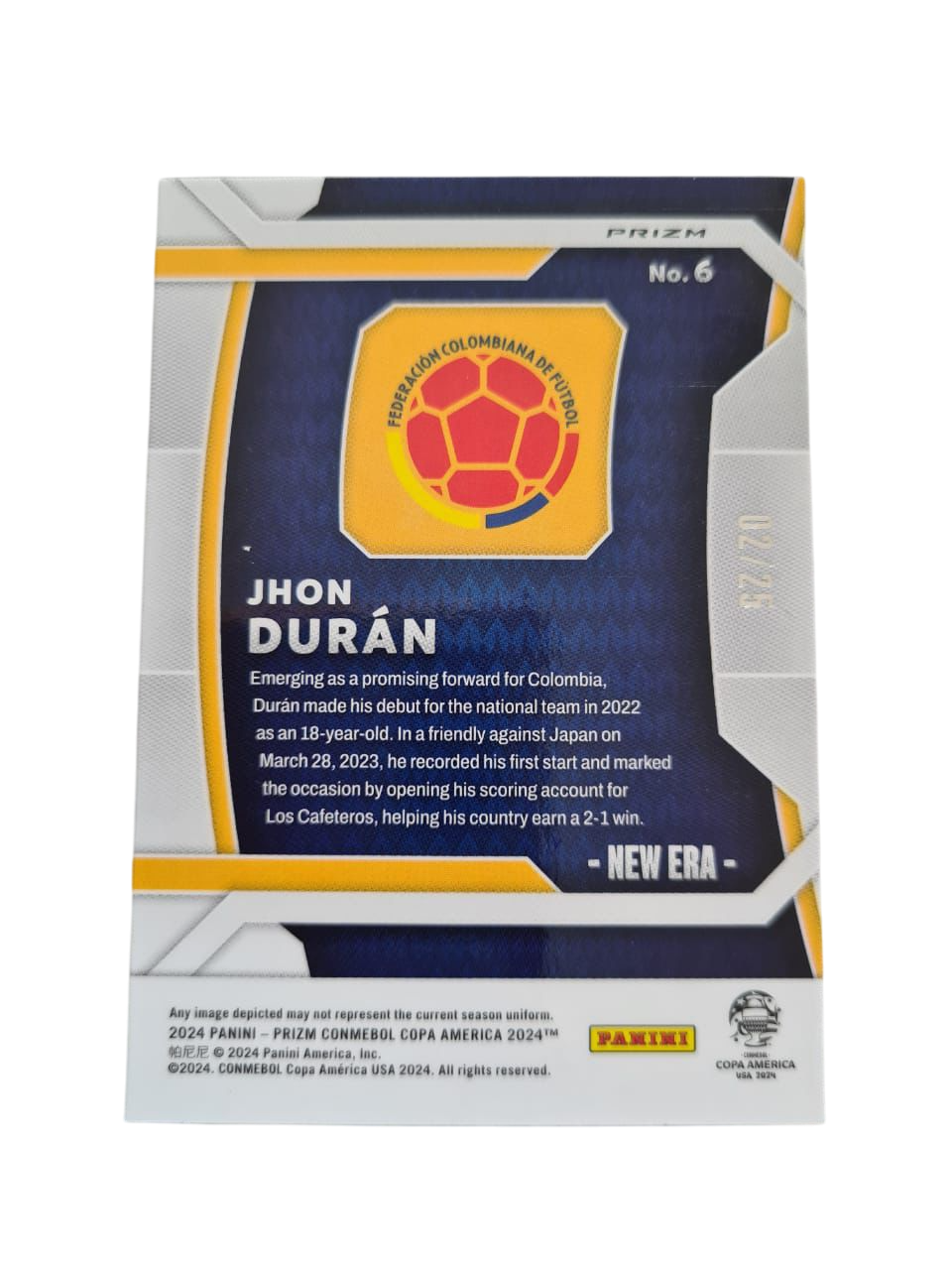 Miniatura: 2024 Panini Prizm Copa América – Jhon Durán New Era Orange 02/25 (Rookie RC)