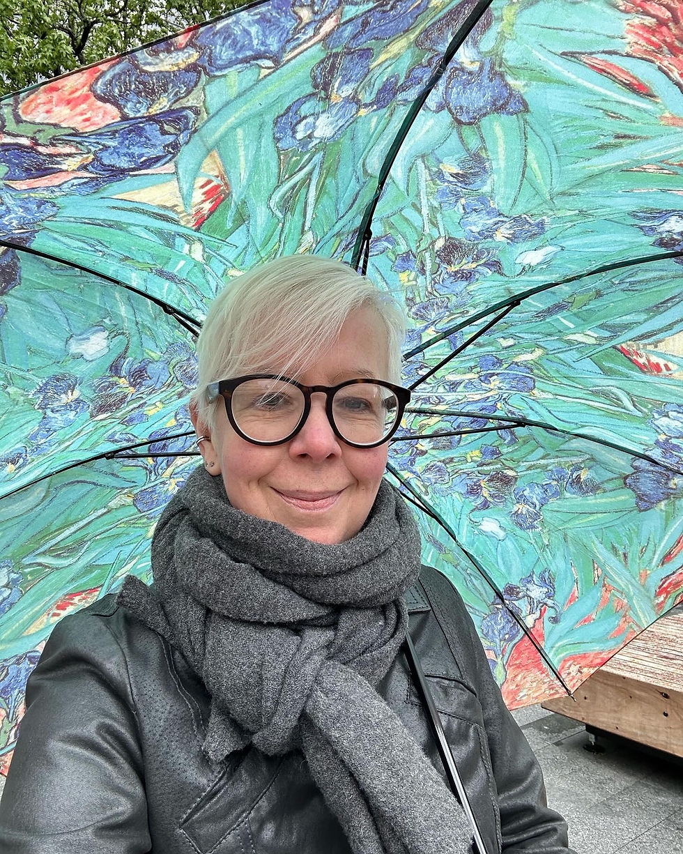 Author Helen with an umbrella