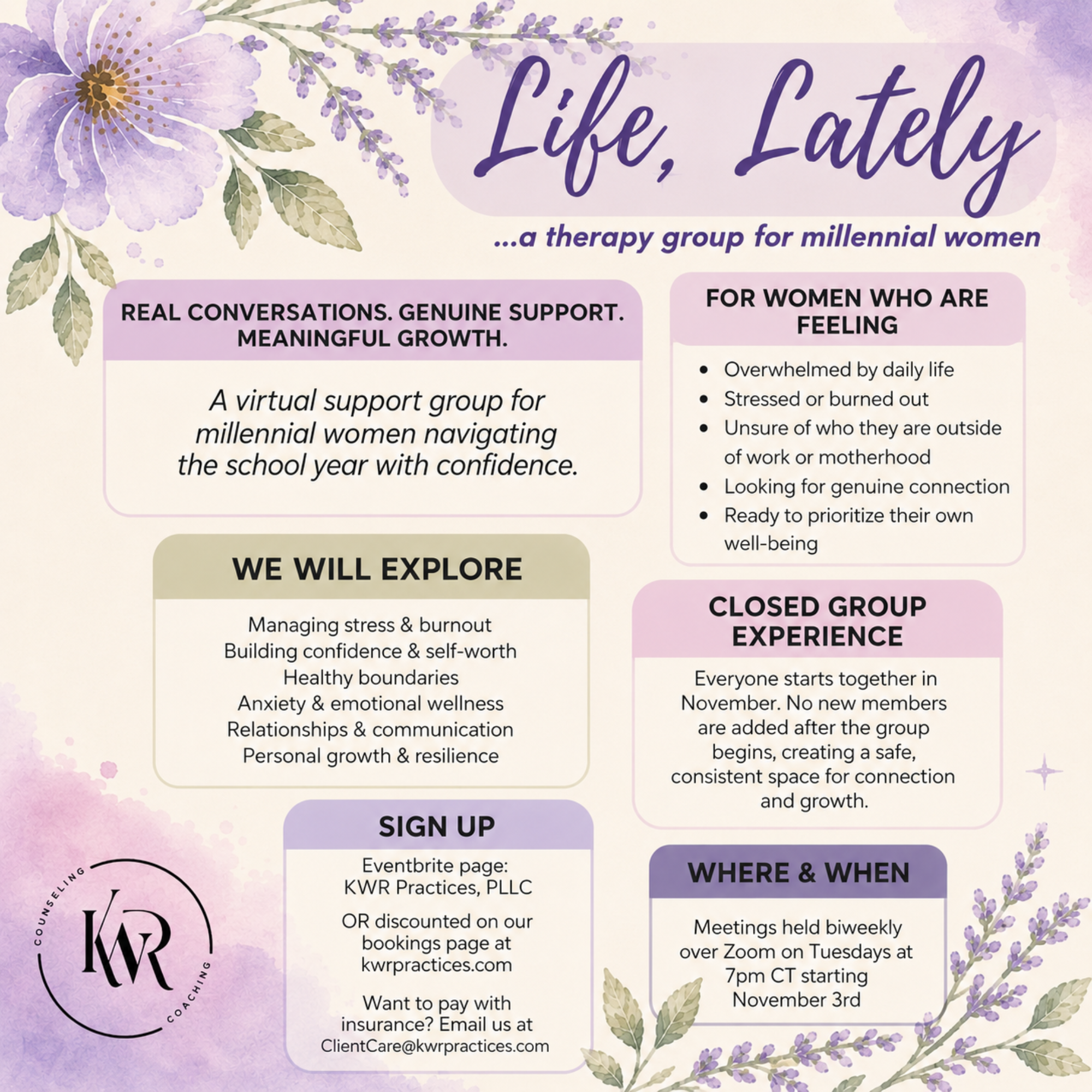 Life, Lately therapy group flyer for millennial women by KWR Practices