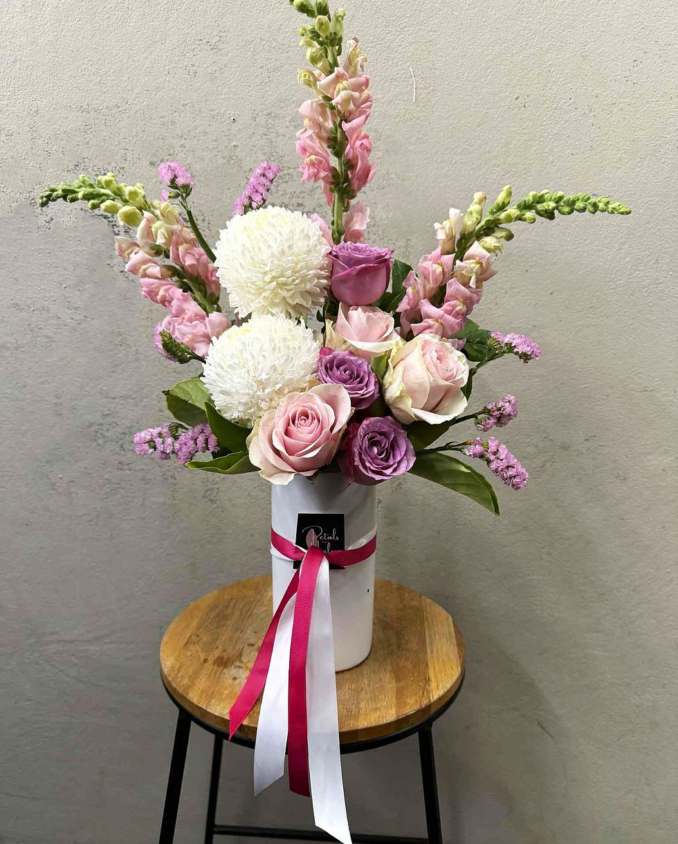 blush roses and white flower balls
