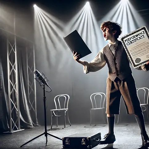 DALL·E 2024-10-02 11.27.25 - A dramatic scene of a young student standing on stage, holdin