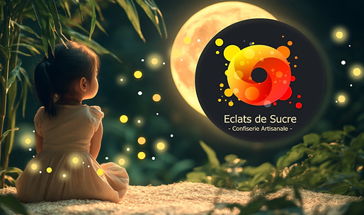 Storytelling, affiche publicitaire, avec enfant et lune, pour boutique de bonbons