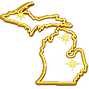 Gold outline of the state of Michigan with sparkles, representing luxury restroom trailer rentals in West Michigan