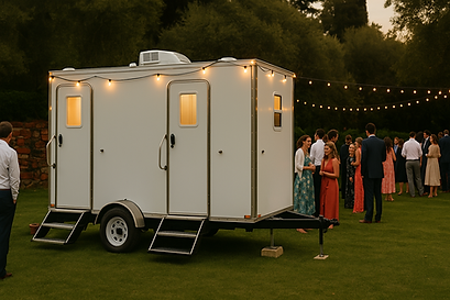 2-stall restroom trailer rental with ambient lighting at a formal outdoor event in West Michigan