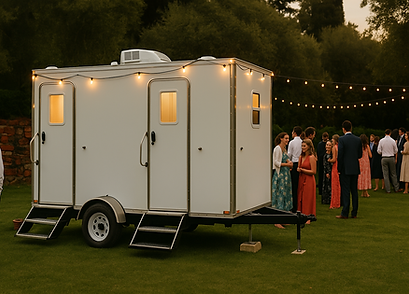2-stall restroom trailer rental with ambient lighting at a formal outdoor event in West Michigan