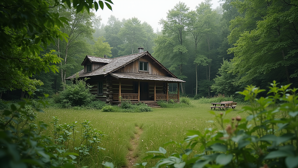 Wide angle view of a rustic cabin surrounded by lush greenery