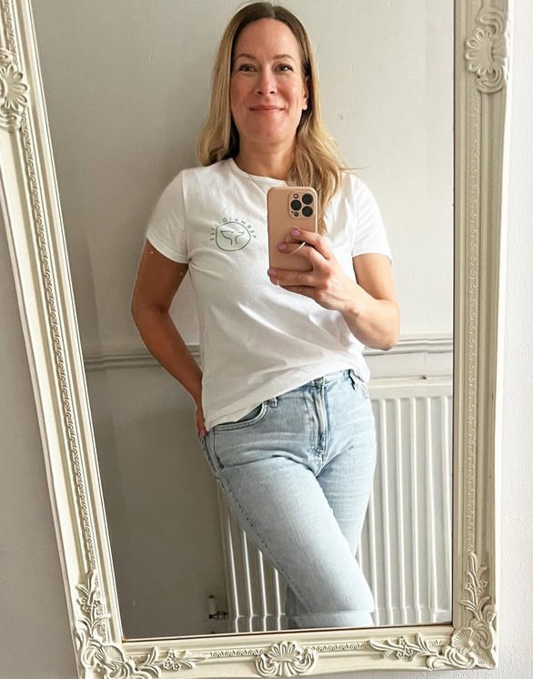 (Image above) - Hannah the founder wearing one of her fabulous Peach Face T-Shirts