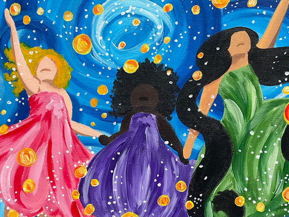 Three girls flying through a starry sky 