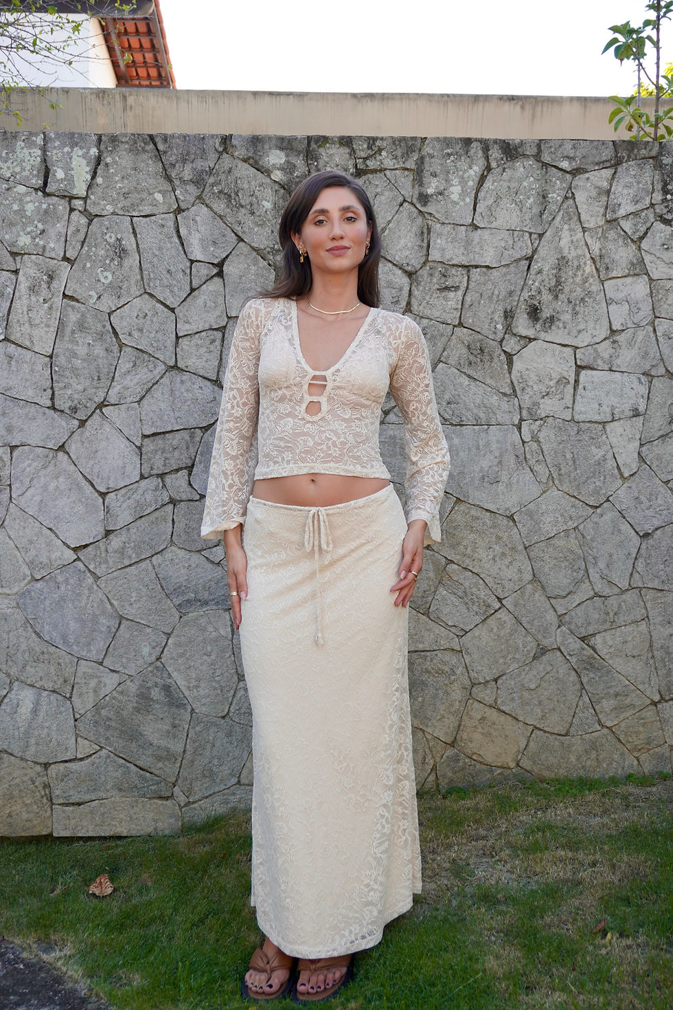 Miniatura: Saia longa ivory laise bordada com forro 