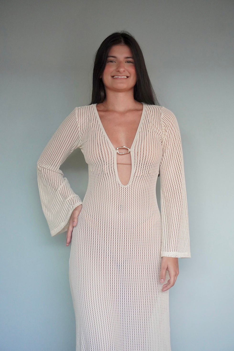 Thumbnail: Vestido Lorenza renda bege 