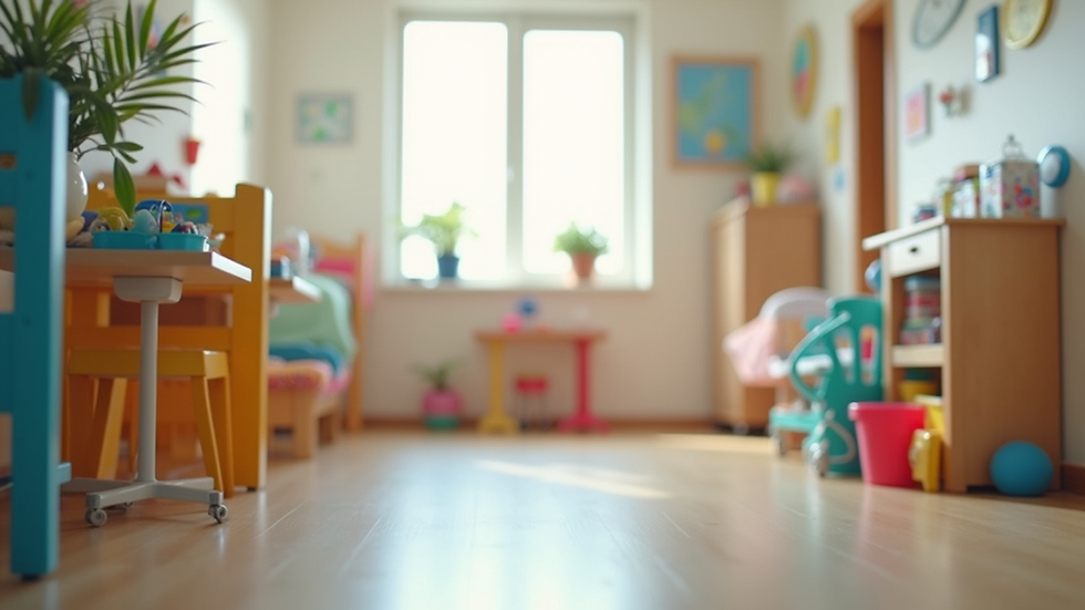 Eye-level view of a therapy room with colorful toys and equipment