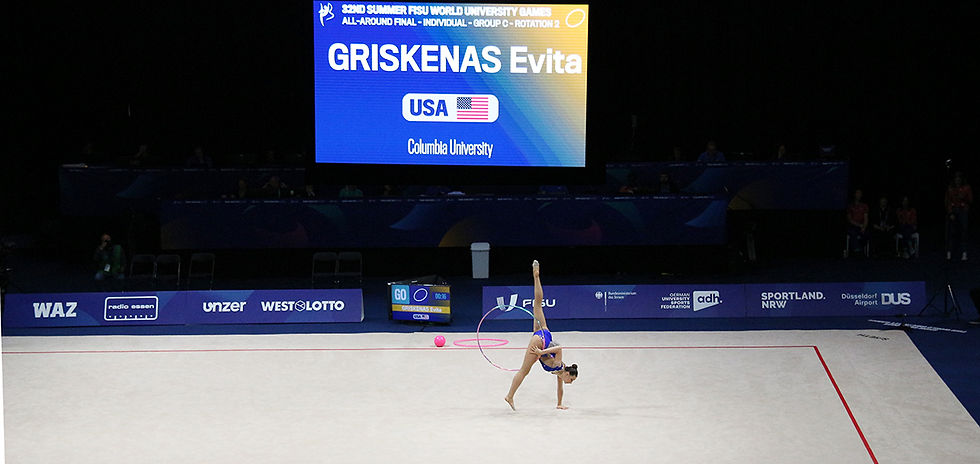 Above and Below: Women's Rhythmic Gymnastics competitor, Evita Griskenas of Columbia University. Photo credit - Leon Libin