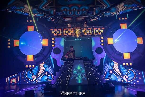 DJ spielt Musik auf Bühne mit leuchtenden Dekorationen, DNEPCTURE Banner und PsyTranceRevolution.