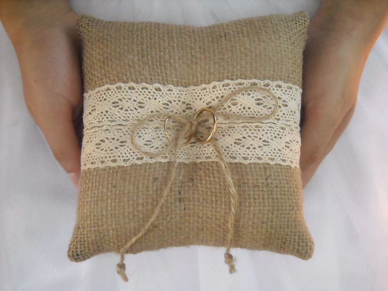 Thumbnail: Burlap ring pillow Bearer Pillow with Ivory / Ecru crochet lace Ring cushion