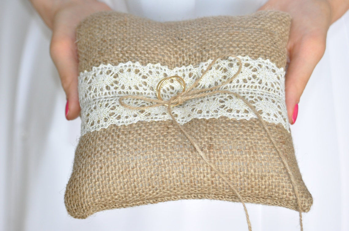 Burlap ring pillow with Ivory and Gold cotton lace
