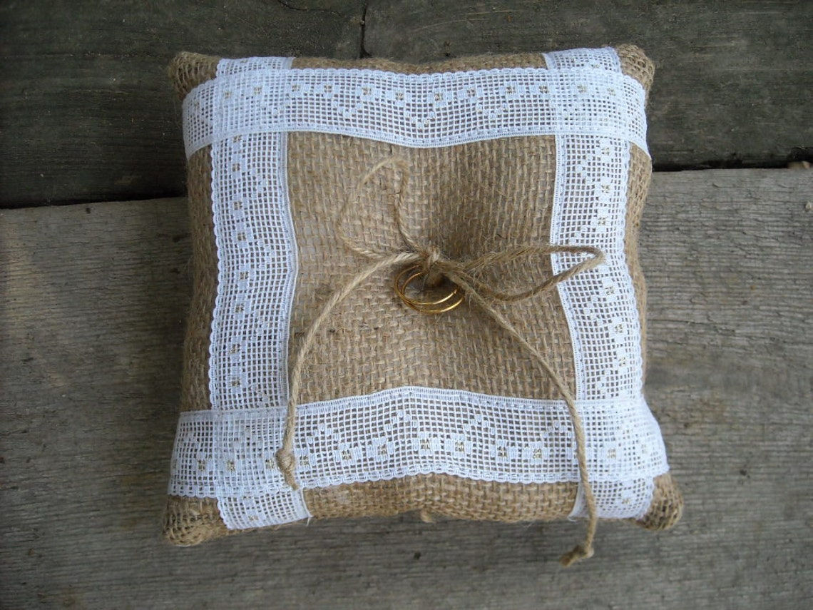 Burlap ring cushion Bearer Pillow with Lace White and Gold details Lace