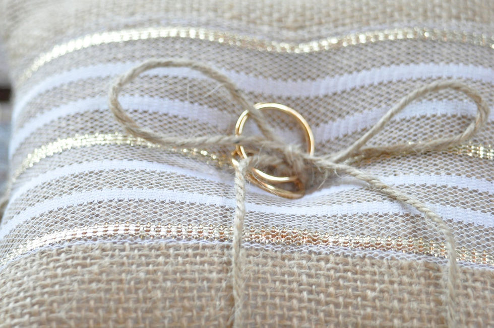 Thumbnail: Burlap ring cushion  White with gold lace  Woodland / Rustic / Cottage style