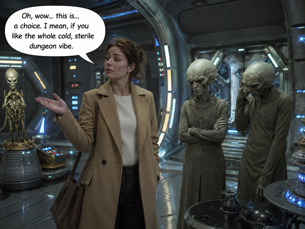 Woman speaking native tongue, passive-aggressiveness to aliens who can't take much more 
