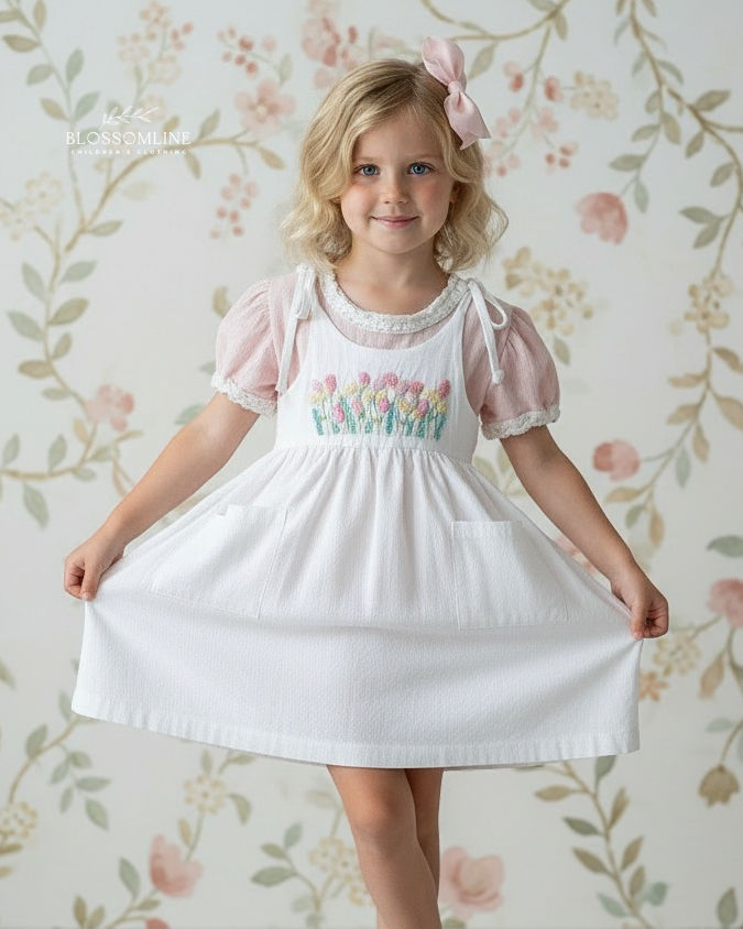 Rosalie Garden Linen Dress in Cloud White