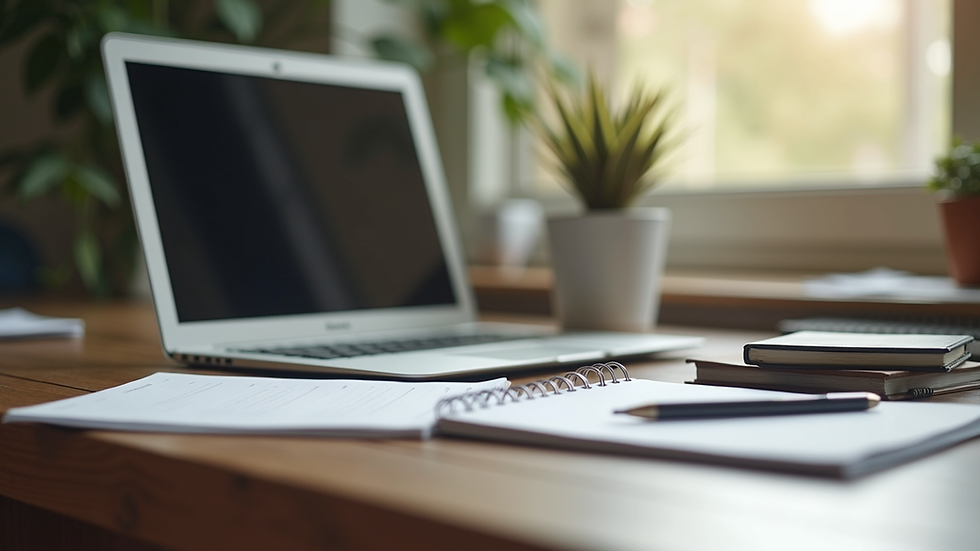 Close-up de mesa de trabalho com notebook e cadernos organizados para planejamento estratégico