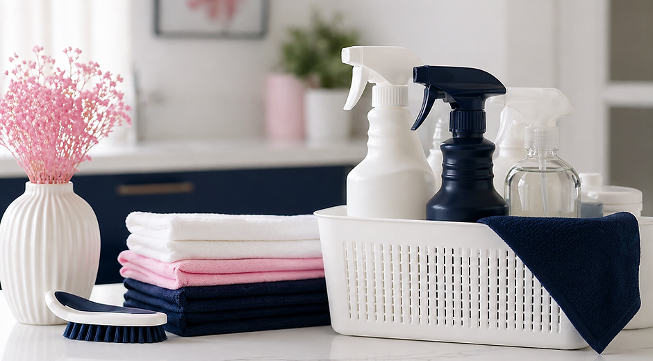 Residential cleaning supplies setup with gloves and cloths in Charleston SC