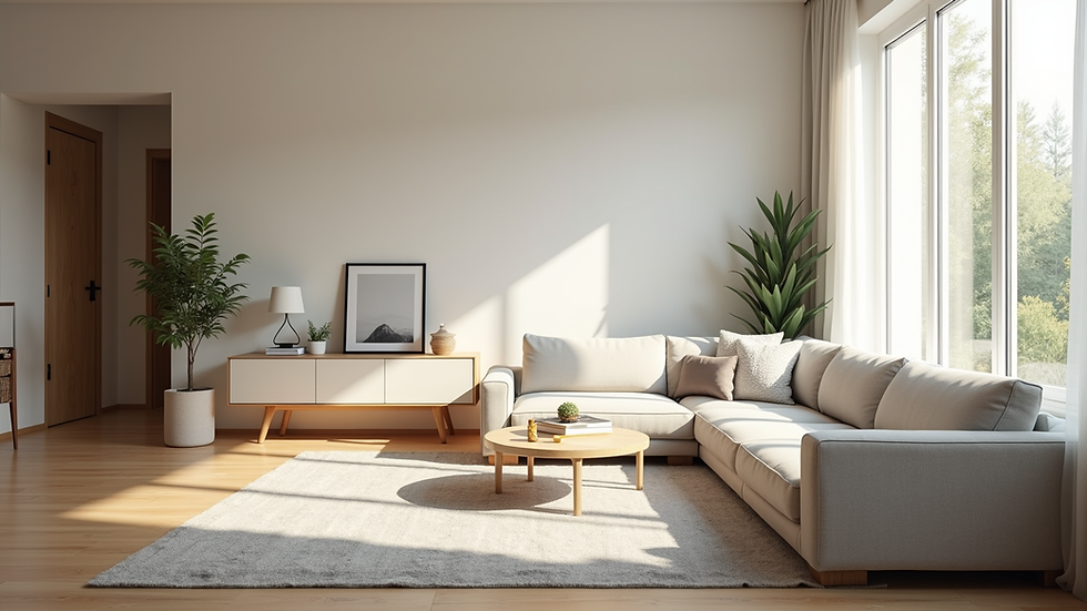 Wide angle view of a clean and organized living room