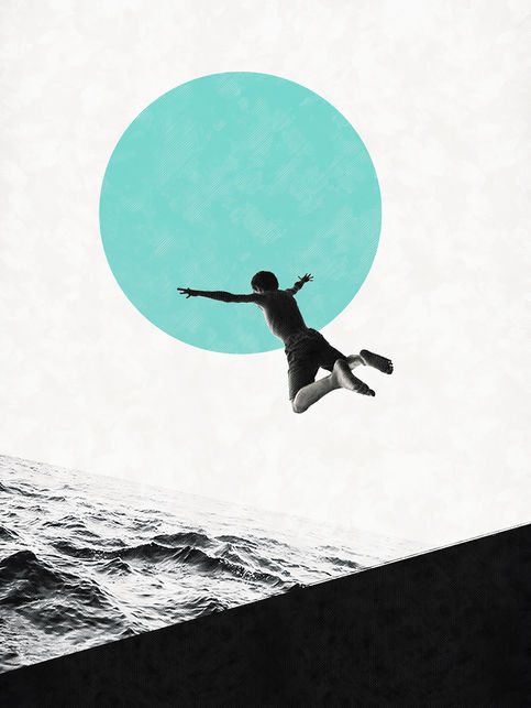 Surreal minimalist artwork of a person jumping above the sea with a turquoise circle in the background