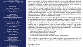 Emmaus Baptist College Update February 2026