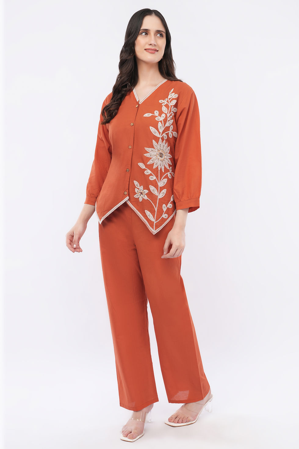 Thumbnail: Karviich Women Rust Orange Floral Embroidered V-Neck Shirt with Straight Trouser