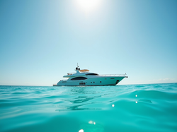 A luxury yacht sailing on calm turquoise waters under a bright sunny sky in Aruba.