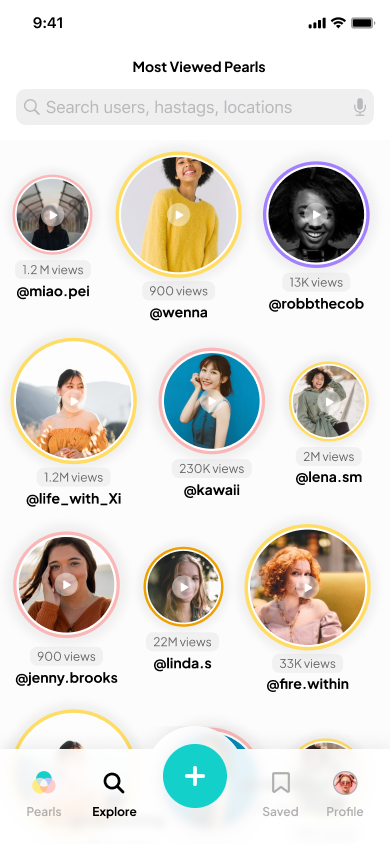 Screenshot of the Explore page in the Pearls App showing a list of potential people to follow.