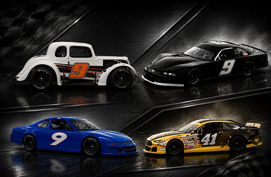 TJ Moon Racing car lineup featuring the No. 9 Legend Car, Pro Late Model and Spec Late Model, plus the No. 41 ARCA West race