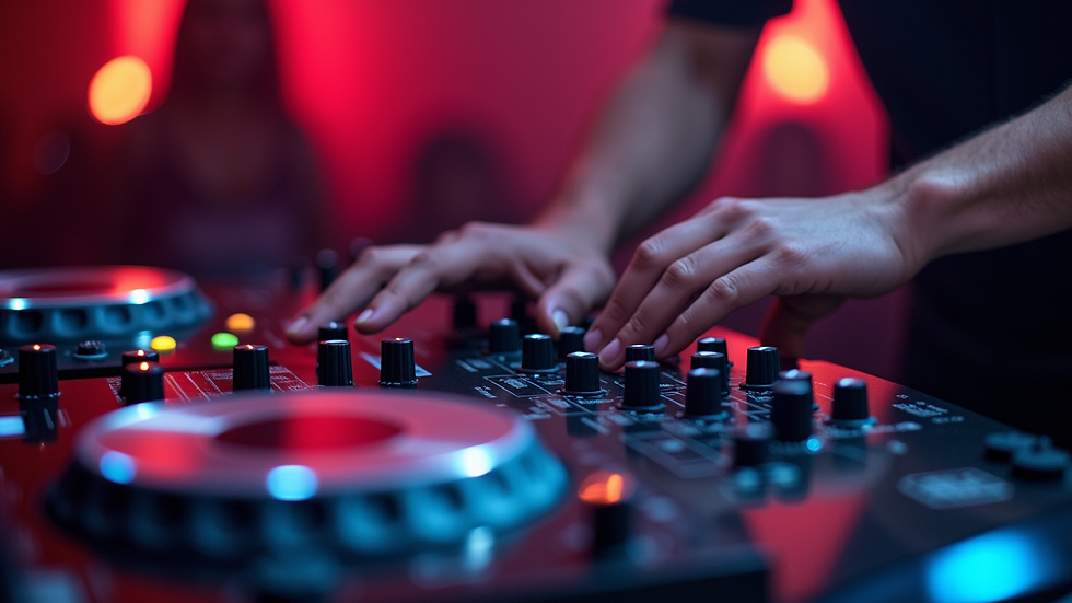 Close-up view of DJ controller and mixer during event