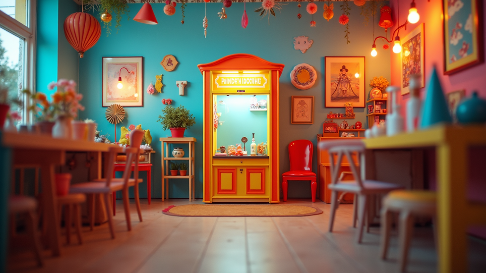 Eye-level view of a colorful photo booth with props