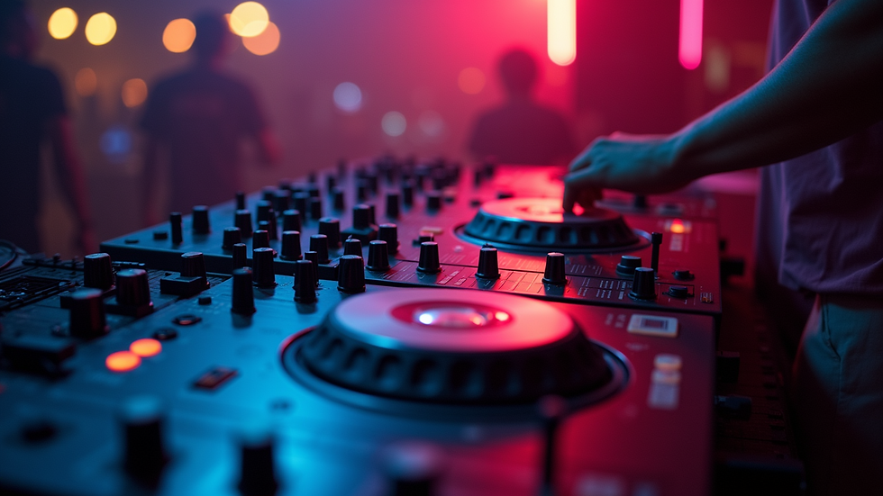 Close-up view of DJ controller and mixer during a party