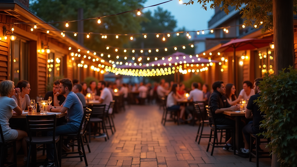 Wide angle view of outdoor patio with string lights and happy hour crowd