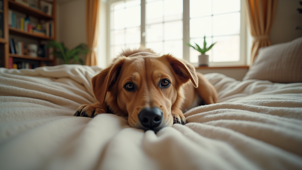 Eye-level view of a cozy living room with a dog resting on a soft bed