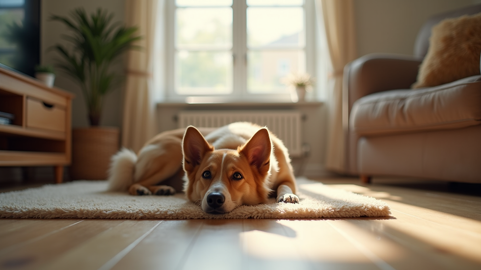 Eye-level view of a cozy living room with a dog resting on a soft rug