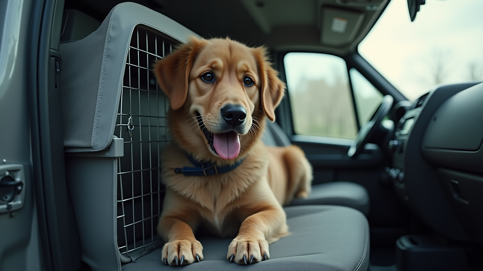 Close-up view of a secure pet carrier inside a climate-controlled transport vehicle