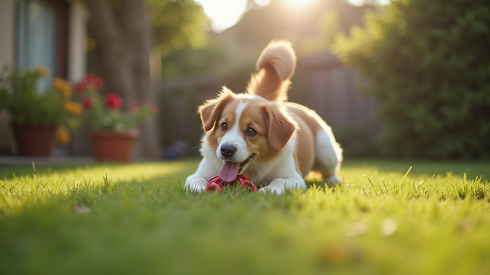 Close-up view of a dog happily playing with a toy in a backyard