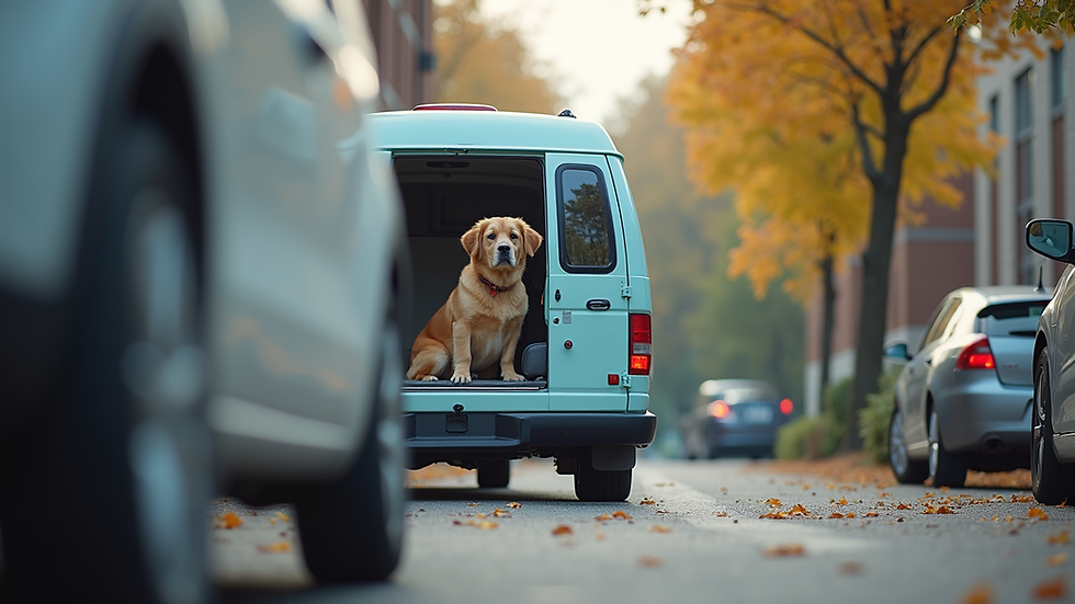 Eye-level view of a pet transport vehicle parked outside a veterinary clinic