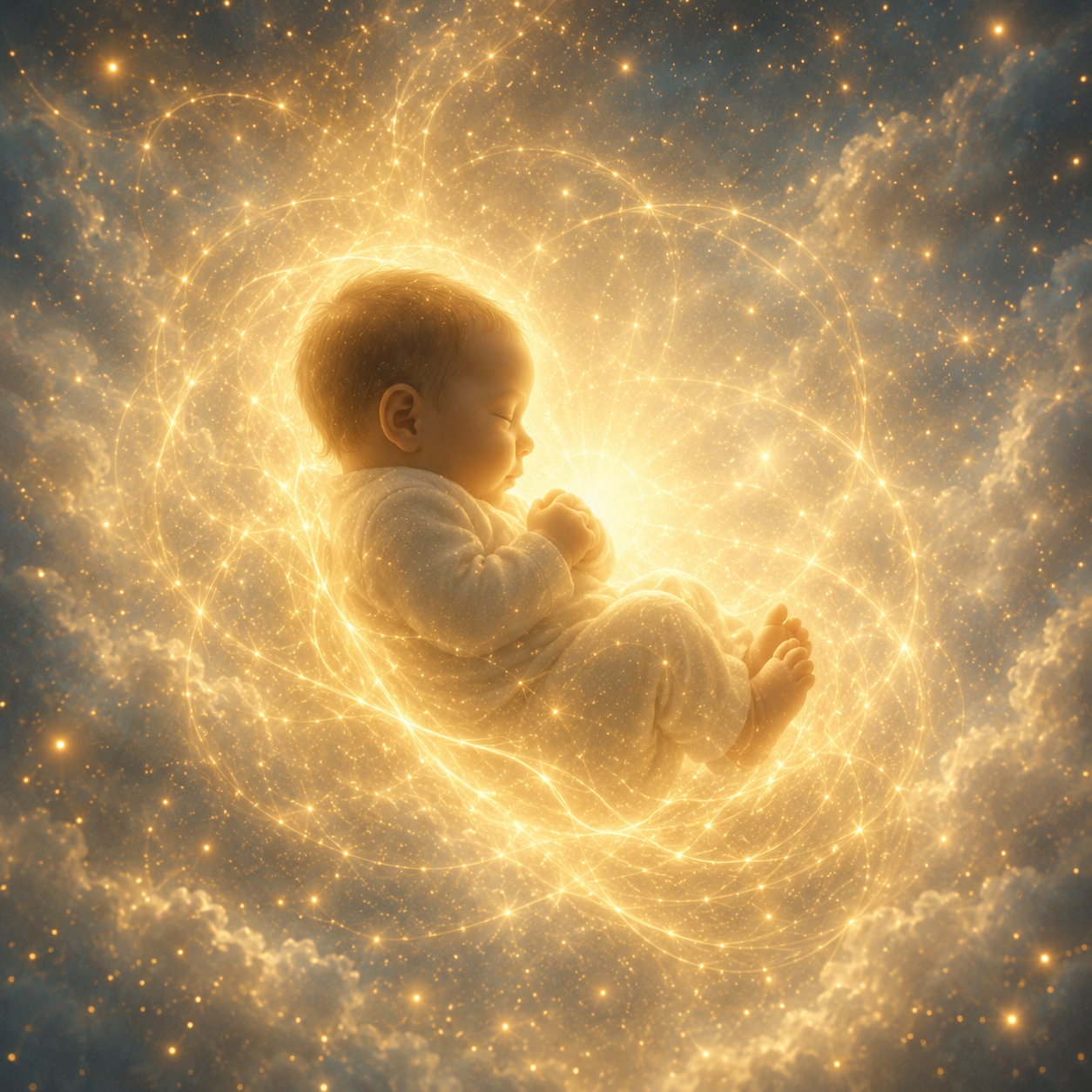 Baby reaching towards sparkling lights within clouds, spiritual, peaceful scene.