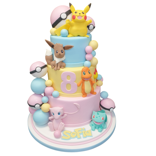 A vibrant Pokémon-themed cake with colourful decorations and intricate detailing, perfect for fans of the beloved franchise.
