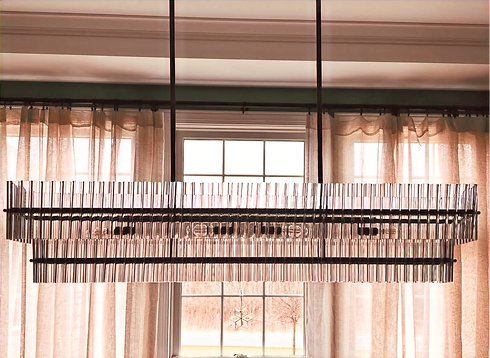 Crytsal chandelier and sheer curtains at Lewsiton Country Club dining room by the Biba Studio