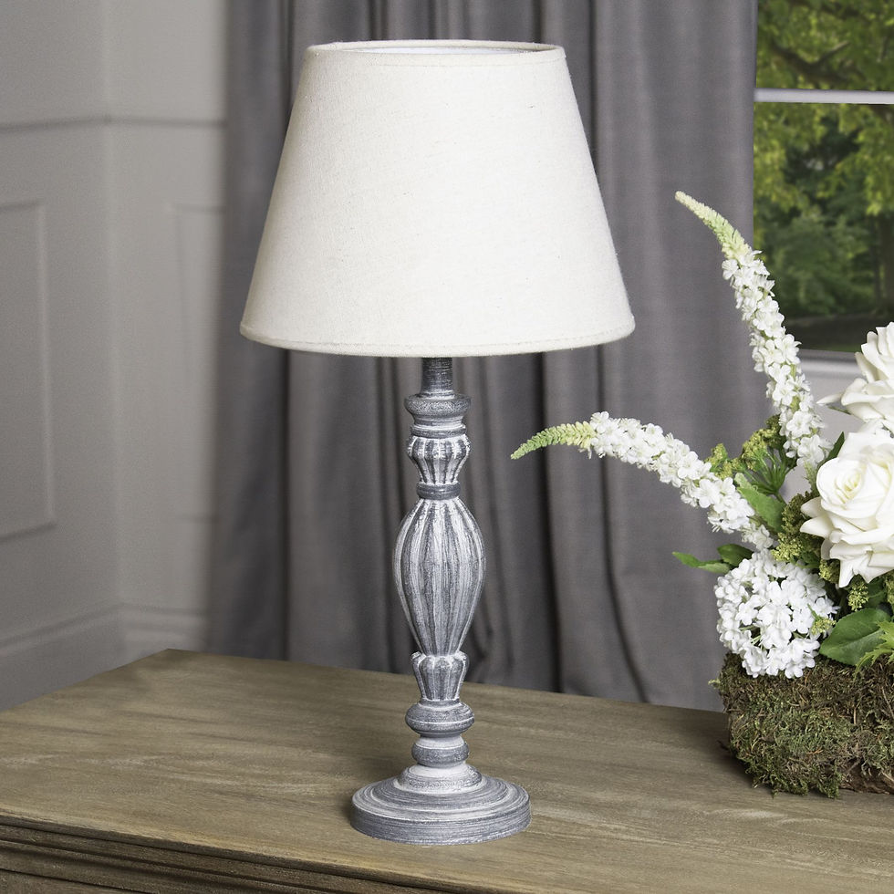 Aegina Hand Carved Grey White Wash Rustic Wooden Table Lamp with Linen Shade on sideboard