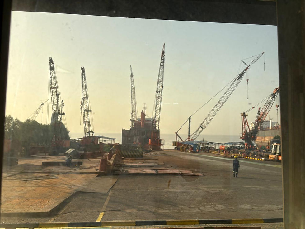 Wide angle view of shipbreaking yard with dismantled ships