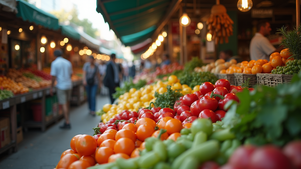 Eye-level view of a bustling marketplace full of fresh produce