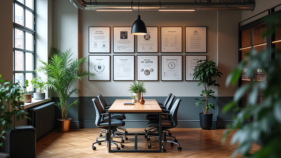 High angle view of a coworking space with various team achievements displayed